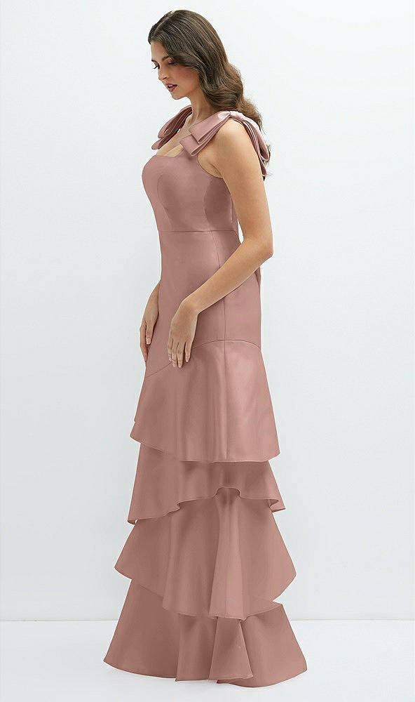 Front View - Neu Nude Bow-Shoulder Satin Maxi Dress with Asymmetrical Tiered Skirt