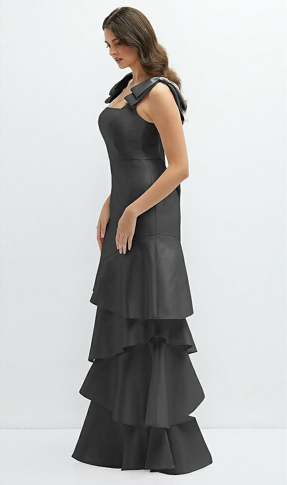 Front View - Pewter Bow-Shoulder Satin Maxi Dress with Asymmetrical Tiered Skirt
