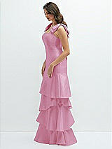 Front View Thumbnail - Powder Pink Bow-Shoulder Satin Maxi Dress with Asymmetrical Tiered Skirt