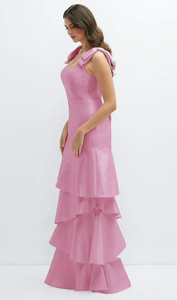 Front View - Powder Pink Bow-Shoulder Satin Maxi Dress with Asymmetrical Tiered Skirt