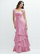 Side View Thumbnail - Powder Pink Bow-Shoulder Satin Maxi Dress with Asymmetrical Tiered Skirt