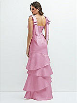 Rear View Thumbnail - Powder Pink Bow-Shoulder Satin Maxi Dress with Asymmetrical Tiered Skirt