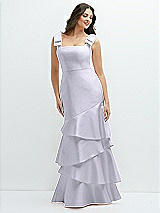 Side View Thumbnail - Silver Dove Bow-Shoulder Satin Maxi Dress with Asymmetrical Tiered Skirt