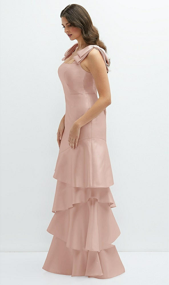 Front View - Toasted Sugar Bow-Shoulder Satin Maxi Dress with Asymmetrical Tiered Skirt