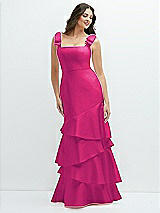 Side View Thumbnail - Think Pink Bow-Shoulder Satin Maxi Dress with Asymmetrical Tiered Skirt