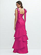 Rear View Thumbnail - Think Pink Bow-Shoulder Satin Maxi Dress with Asymmetrical Tiered Skirt