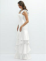 Front View Thumbnail - White Bow-Shoulder Satin Maxi Dress with Asymmetrical Tiered Skirt
