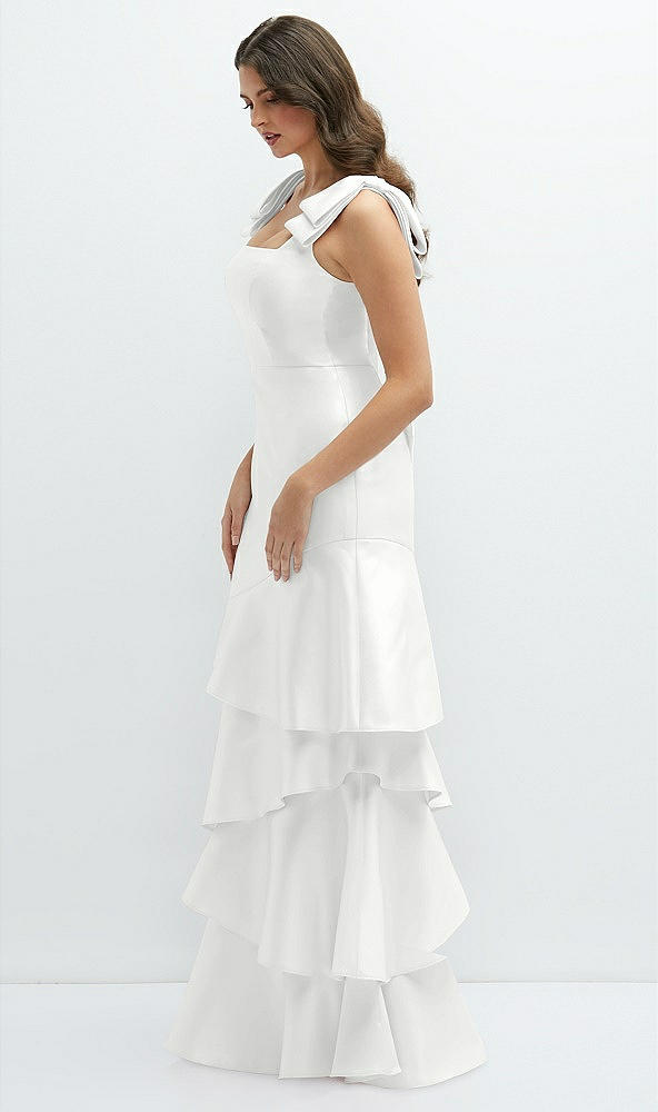 Front View - White Bow-Shoulder Satin Maxi Dress with Asymmetrical Tiered Skirt