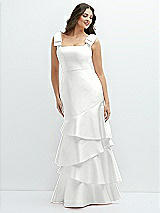 Side View Thumbnail - White Bow-Shoulder Satin Maxi Dress with Asymmetrical Tiered Skirt