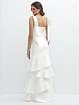 Rear View Thumbnail - White Bow-Shoulder Satin Maxi Dress with Asymmetrical Tiered Skirt