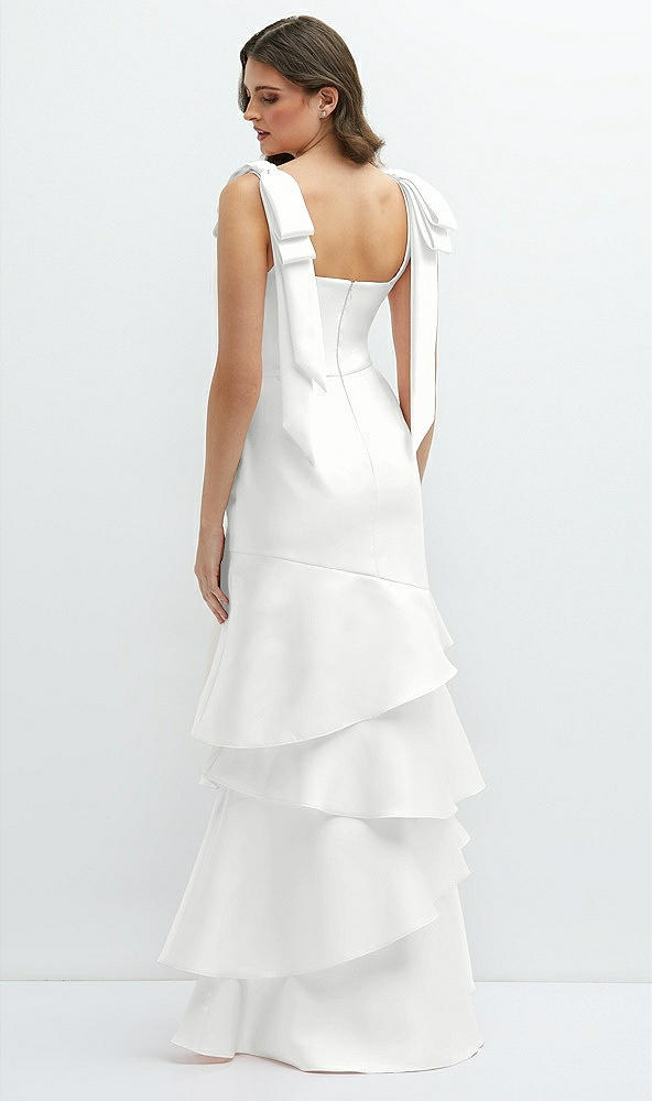 Back View - White Bow-Shoulder Satin Maxi Dress with Asymmetrical Tiered Skirt