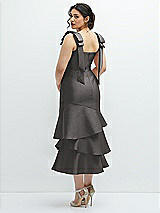 Front View Thumbnail - Caviar Gray Bow-Shoulder Satin Midi Dress with Asymmetrical Tiered Skirt