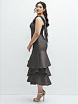 Side View Thumbnail - Caviar Gray Bow-Shoulder Satin Midi Dress with Asymmetrical Tiered Skirt