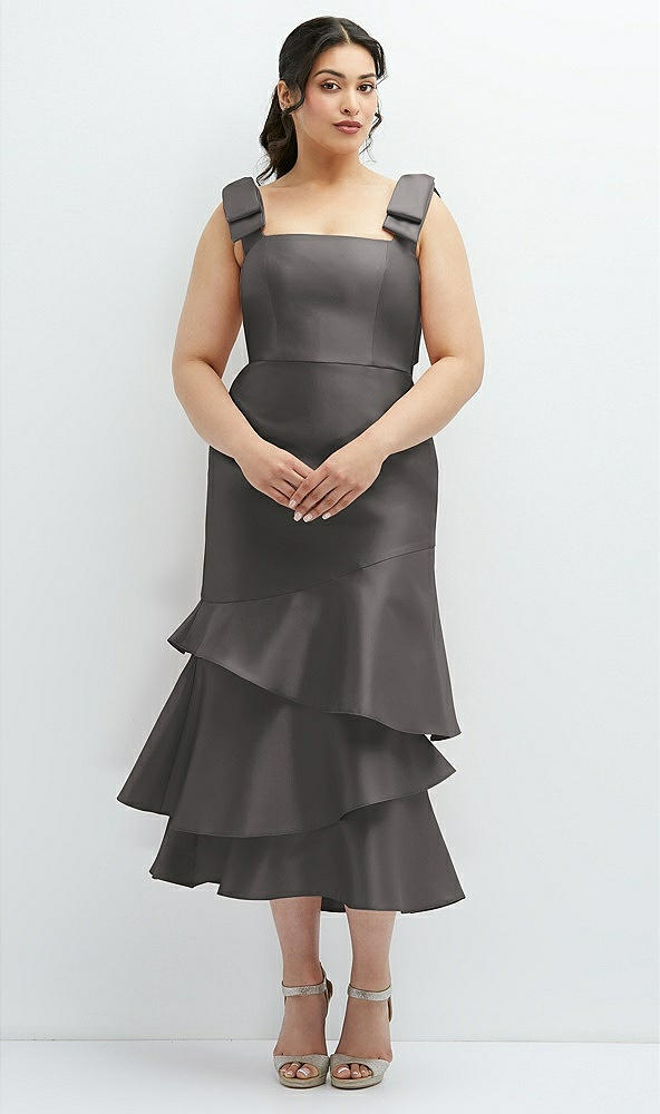 Back View - Caviar Gray Bow-Shoulder Satin Midi Dress with Asymmetrical Tiered Skirt