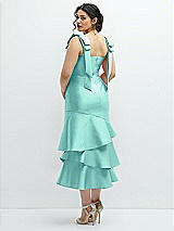 Front View Thumbnail - Coastal Bow-Shoulder Satin Midi Dress with Asymmetrical Tiered Skirt