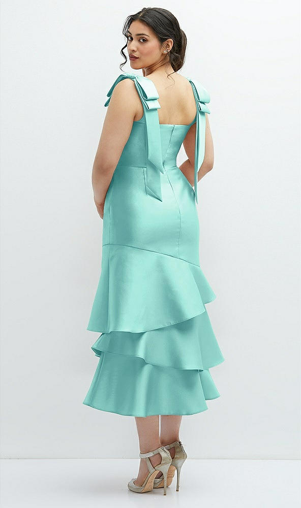 Front View - Coastal Bow-Shoulder Satin Midi Dress with Asymmetrical Tiered Skirt