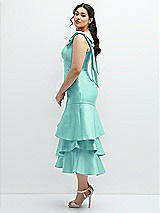 Side View Thumbnail - Coastal Bow-Shoulder Satin Midi Dress with Asymmetrical Tiered Skirt