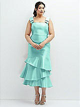 Rear View Thumbnail - Coastal Bow-Shoulder Satin Midi Dress with Asymmetrical Tiered Skirt