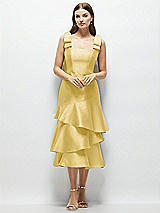 Alt View 1 Thumbnail - Maize Bow-Shoulder Satin Midi Dress with Asymmetrical Tiered Skirt