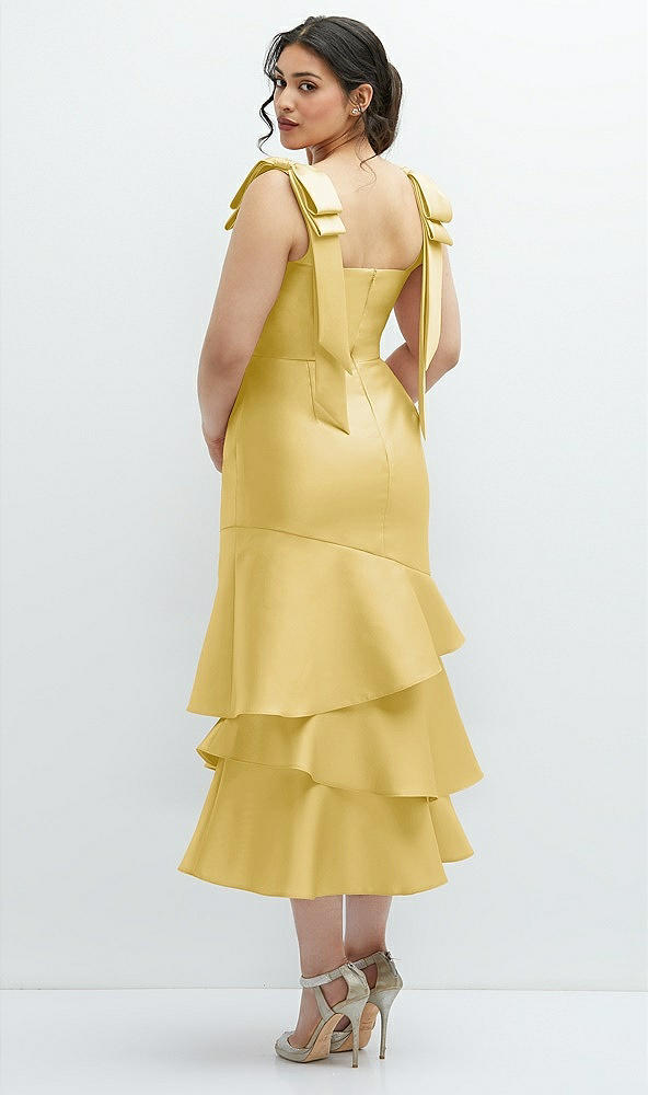 Front View - Maize Bow-Shoulder Satin Midi Dress with Asymmetrical Tiered Skirt