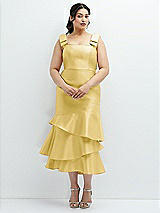 Rear View Thumbnail - Maize Bow-Shoulder Satin Midi Dress with Asymmetrical Tiered Skirt