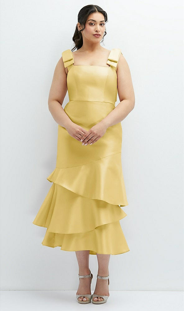 Back View - Maize Bow-Shoulder Satin Midi Dress with Asymmetrical Tiered Skirt