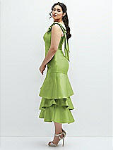 Side View Thumbnail - Mojito Bow-Shoulder Satin Midi Dress with Asymmetrical Tiered Skirt