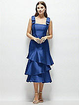 Alt View 1 Thumbnail - Classic Blue Bow-Shoulder Satin Midi Dress with Asymmetrical Tiered Skirt