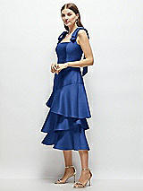 Alt View 2 Thumbnail - Classic Blue Bow-Shoulder Satin Midi Dress with Asymmetrical Tiered Skirt