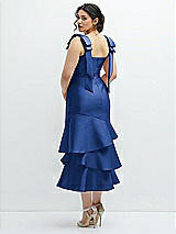 Front View Thumbnail - Classic Blue Bow-Shoulder Satin Midi Dress with Asymmetrical Tiered Skirt