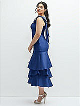 Side View Thumbnail - Classic Blue Bow-Shoulder Satin Midi Dress with Asymmetrical Tiered Skirt