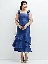 Rear View Thumbnail - Classic Blue Bow-Shoulder Satin Midi Dress with Asymmetrical Tiered Skirt