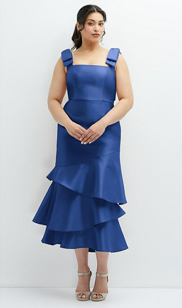 Back View - Classic Blue Bow-Shoulder Satin Midi Dress with Asymmetrical Tiered Skirt