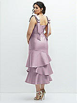 Front View Thumbnail - Suede Rose Bow-Shoulder Satin Midi Dress with Asymmetrical Tiered Skirt