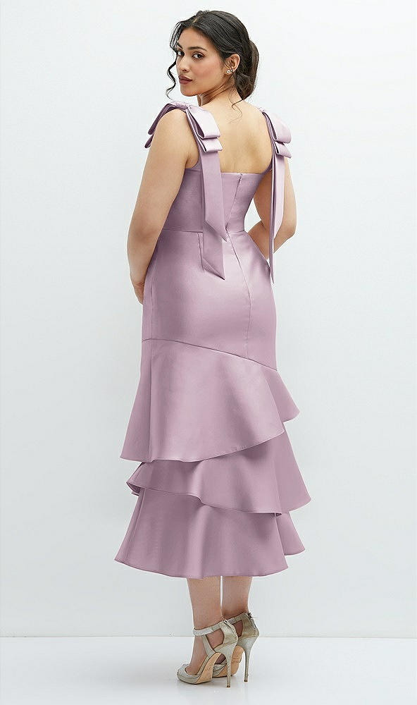 Front View - Suede Rose Bow-Shoulder Satin Midi Dress with Asymmetrical Tiered Skirt