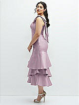 Side View Thumbnail - Suede Rose Bow-Shoulder Satin Midi Dress with Asymmetrical Tiered Skirt