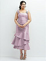 Rear View Thumbnail - Suede Rose Bow-Shoulder Satin Midi Dress with Asymmetrical Tiered Skirt