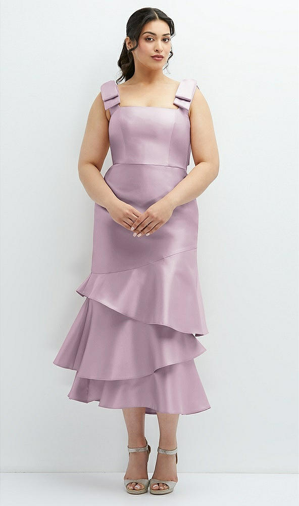 Back View - Suede Rose Bow-Shoulder Satin Midi Dress with Asymmetrical Tiered Skirt