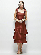 Alt View 1 Thumbnail - Auburn Moon Bow-Shoulder Satin Midi Dress with Asymmetrical Tiered Skirt