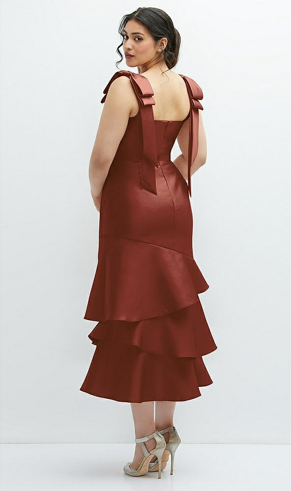 Front View - Auburn Moon Bow-Shoulder Satin Midi Dress with Asymmetrical Tiered Skirt