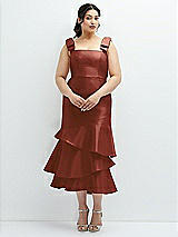 Rear View Thumbnail - Auburn Moon Bow-Shoulder Satin Midi Dress with Asymmetrical Tiered Skirt