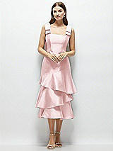 Alt View 1 Thumbnail - Ballet Pink Bow-Shoulder Satin Midi Dress with Asymmetrical Tiered Skirt