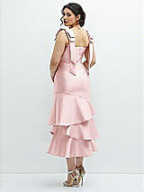 Front View Thumbnail - Ballet Pink Bow-Shoulder Satin Midi Dress with Asymmetrical Tiered Skirt
