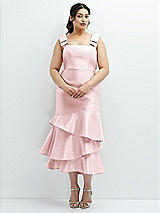 Rear View Thumbnail - Ballet Pink Bow-Shoulder Satin Midi Dress with Asymmetrical Tiered Skirt