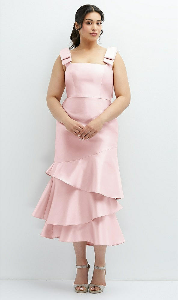 Back View - Ballet Pink Bow-Shoulder Satin Midi Dress with Asymmetrical Tiered Skirt
