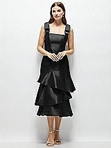 Alt View 1 Thumbnail - Black Bow-Shoulder Satin Midi Dress with Asymmetrical Tiered Skirt