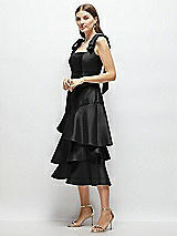 Alt View 2 Thumbnail - Black Bow-Shoulder Satin Midi Dress with Asymmetrical Tiered Skirt