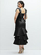 Front View Thumbnail - Black Bow-Shoulder Satin Midi Dress with Asymmetrical Tiered Skirt