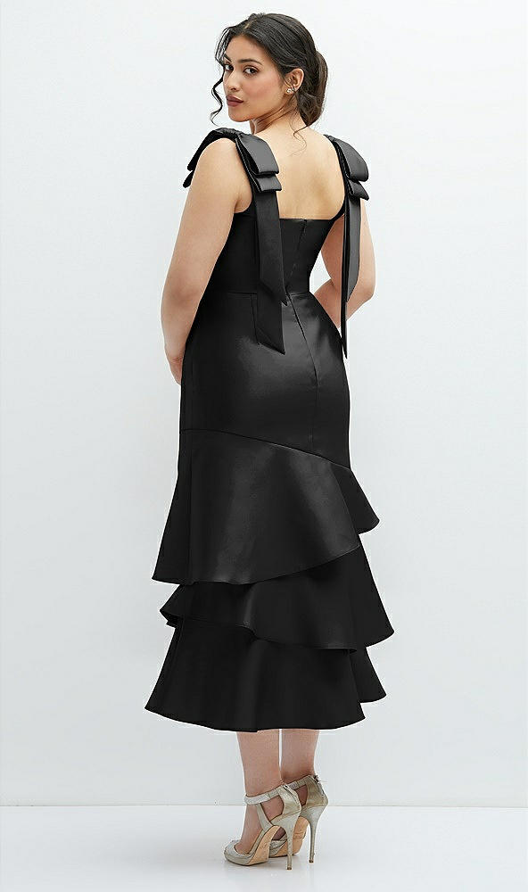 Front View - Black Bow-Shoulder Satin Midi Dress with Asymmetrical Tiered Skirt