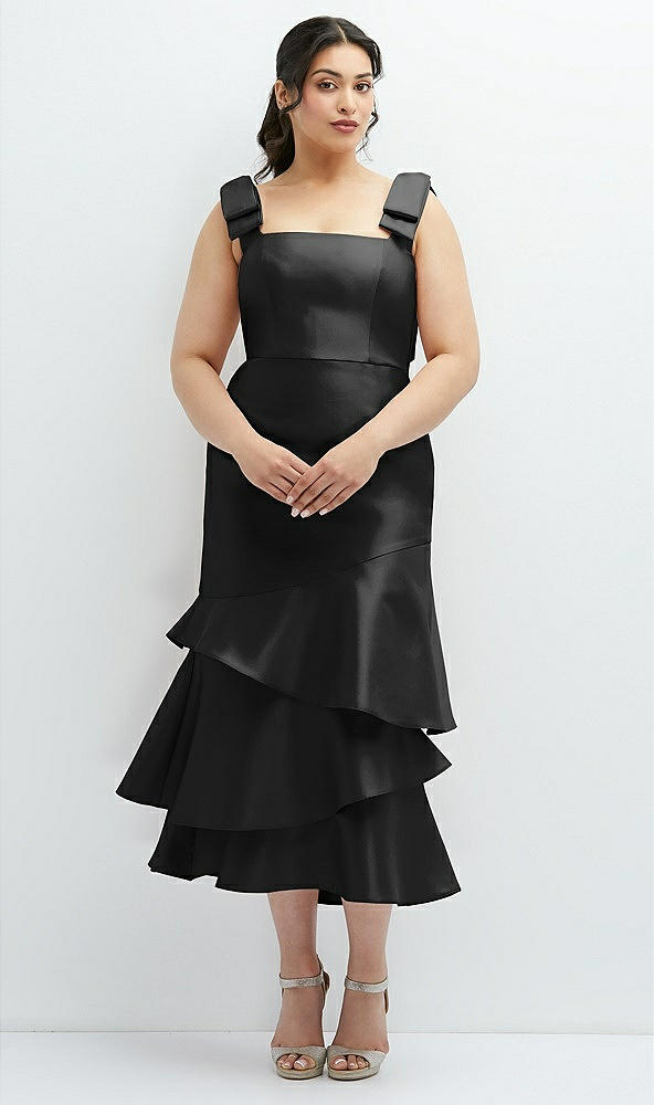 Back View - Black Bow-Shoulder Satin Midi Dress with Asymmetrical Tiered Skirt